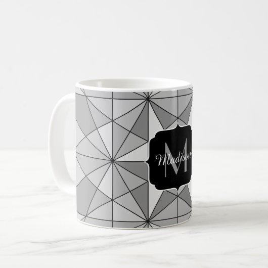 Grijs zwart wit Mosaic Triangle Monogram Koffiemok (Voorkant links)