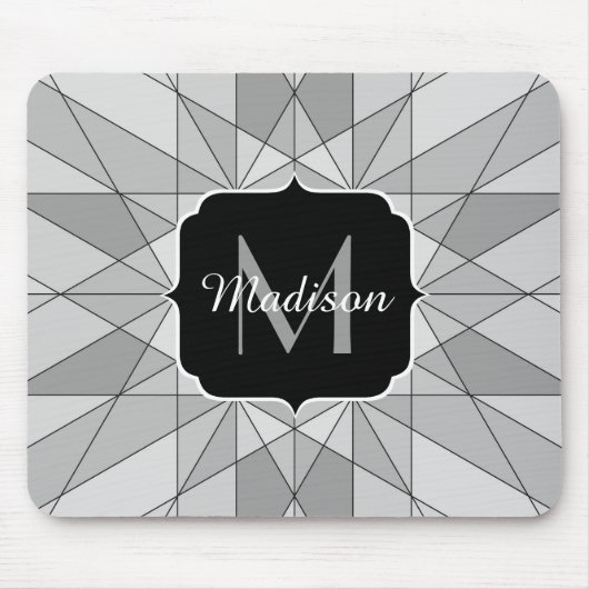 Grijs zwart wit Mosaic Triangle Monogram Muismat (Voorkant)