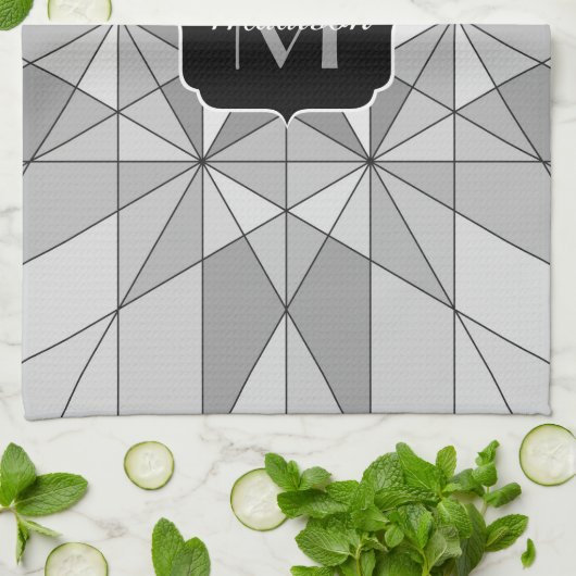 Grijs zwart wit Mosaic Triangle Monogram Theedoek (Gevouwen)