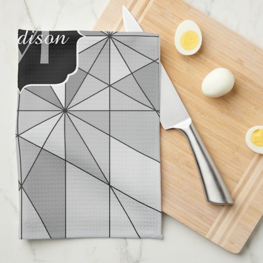 Grijs zwart wit Mosaic Triangle Monogram Theedoek (Quarter Fold)