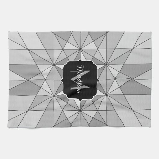 Grijs zwart wit Mosaic Triangle Monogram Theedoek (Horizontaal)