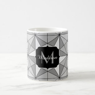 Grijs zwart wit Mozaïek Driehoek Patroon Monogram Koffiemok