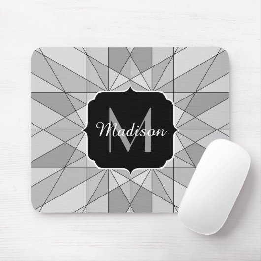 Grijs zwart wit Mozaïek Driehoek Patroon Monogram Muismat (Met muis)