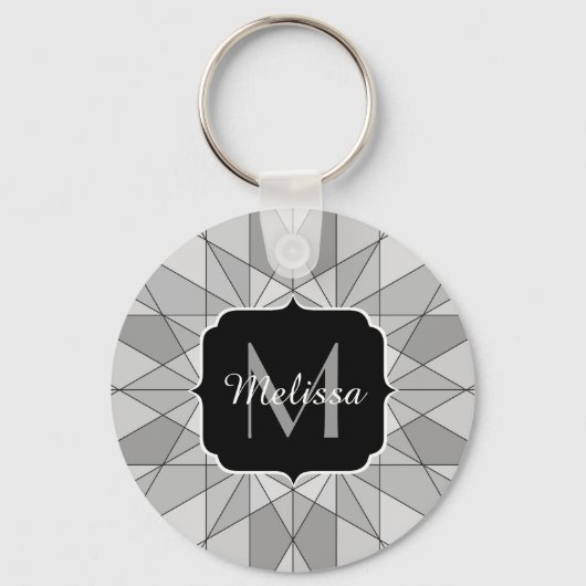 Grijs zwart wit Mozaïek Driehoek Patroon Monogram Sleutelhanger (Voorkant)