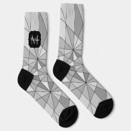 Grijs zwart wit Mozaïek Driehoek Patroon Monogram Sokken