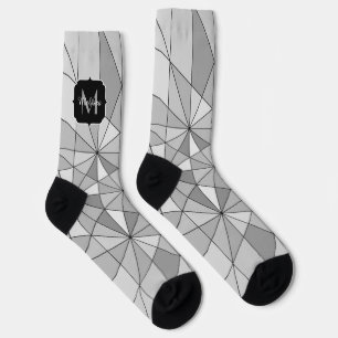 Grijs zwart wit Mozaïek Driehoek Patroon Monogram Sokken