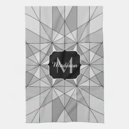 Grijs zwart wit Mozaïek Driehoek Patroon Monogram Theedoek