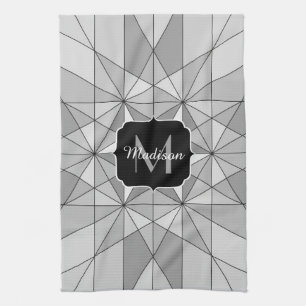 Grijs zwart wit Mozaïek Driehoek Patroon Monogram Theedoek