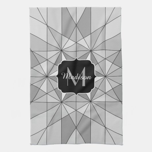 Grijs zwart wit Mozaïek Driehoek Patroon Monogram Theedoek (Verticaal)