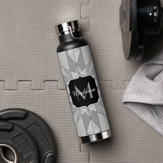 Grijs zwart wit Mozaïek Driehoek Patroon Monogram Waterfles (Gym)