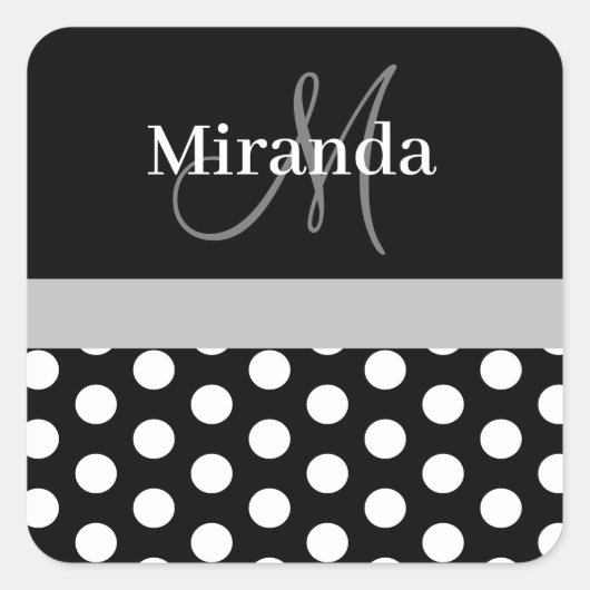 Grijs Zwart Wit Polka Dot Monogram Vierkante Stick Vierkante Sticker (Voorkant)