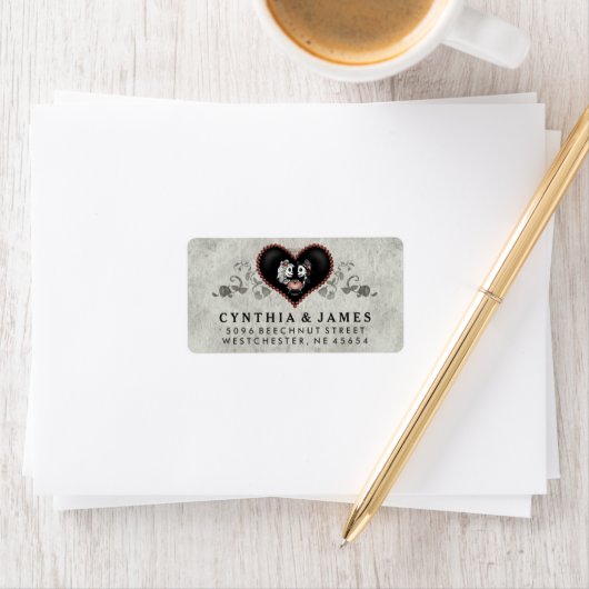 Grijs Zwart & Wit Skeletten Hart Bruiloft Adres Etiket (Insitu)