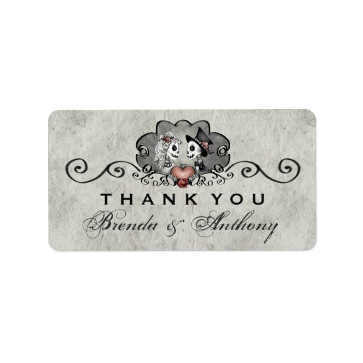 Grijs Zwart & Wit Skeletten Hart Dank u Etiket (Voorkant)