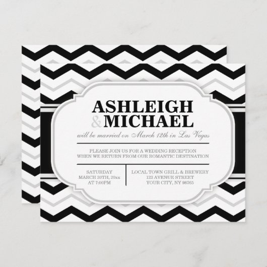 Grijs & Zwart Witte Chevron Huwelijksfeest ONLY Kaart (Voorkant / Achterkant)