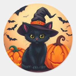 Grijs Zwarte Kitten Heksenhoed Pompoen Halloween Ronde Sticker