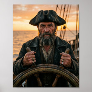 Grijsaardige Piratencapitein aan het Schepenstuurw Poster