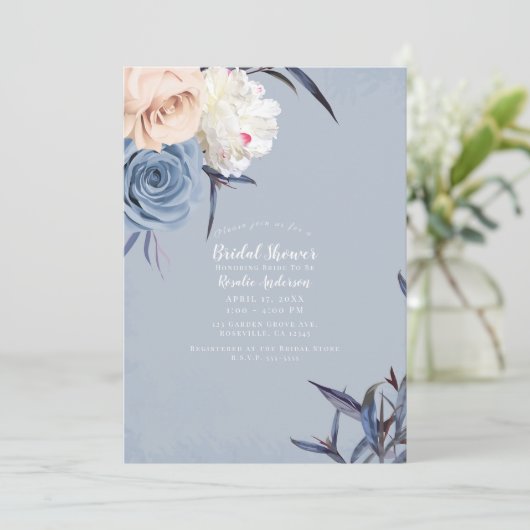 Grijsblauwe en perzikfleurige bruidsdouche met een kaart (Staand voorkant)