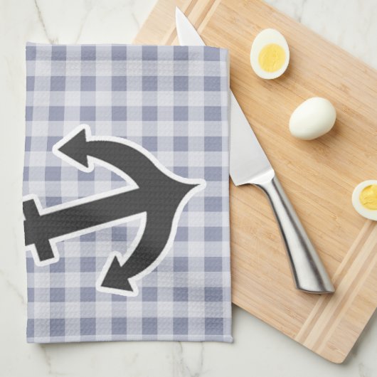 Grijsblauwe gingham; anker theedoek (Quarter Fold)