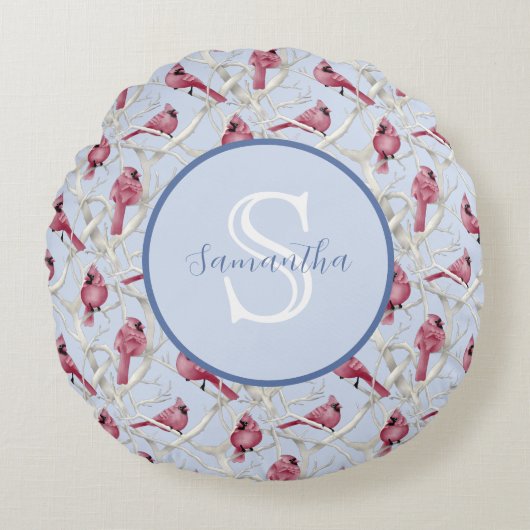 Grijsblauwe Kardinaalvogels Persoonlijk Monogram Rond Kussen (Voorkant)