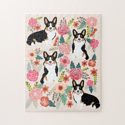 Grijsgekleurde Corgi Dog  Florals Legpuzzel (Verticaal)