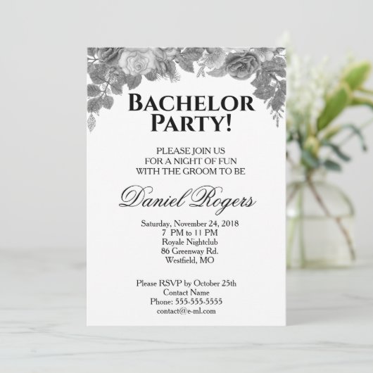 Grijsgetinte Rozen en Glitter Bachelorfeest Kaart (Staand voorkant)