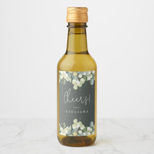 Grijsgroene Snowberry+Eucalyptus Bachelorette Mini Wijn Etiket (Voorkant)