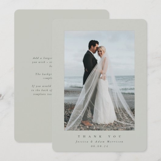 Grijsgroene ultra-minimale enkelvoudige fotobruilo bedankkaart (Voorkant / Achterkant)