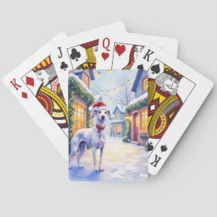 Grijshond Besneeuwd Dorp Kerstman Hoed Kerst Kunst Pokerkaarten