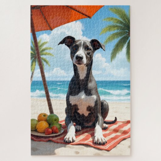Grijshond strand relax scène legpuzzel (Verticaal)