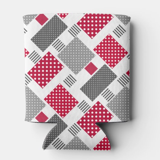 Grijsrode stip patchwork op witte achtergrond blikjeskoeler (Achterkant)
