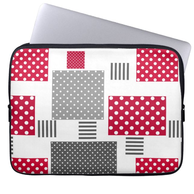 Grijsrode stip patchwork op witte achtergrond laptop sleeve (Voorkant)