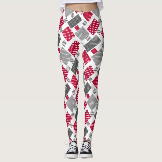 Grijsrode stip patchwork op witte achtergrond leggings (Voorkant)