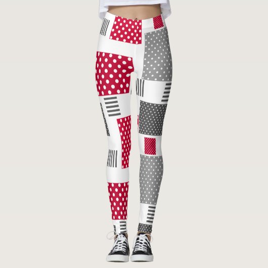 Grijsrode stip patchwork op witte achtergrond leggings (Voorkant)
