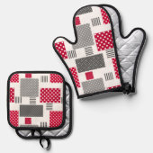 Grijsrode stip patchwork op witte achtergrond ovenwant & pannenlap set (Voorkant / Achterkant)