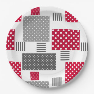 Grijsrode stip patchwork op witte achtergrond papieren bordje