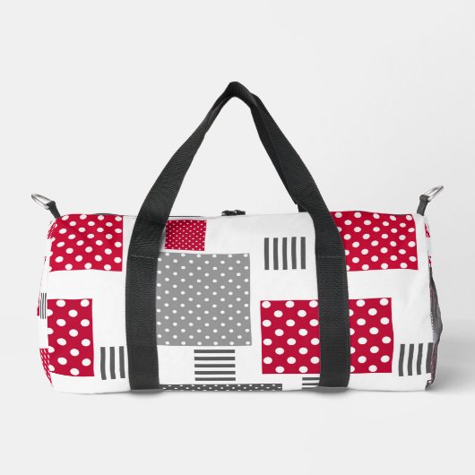 Grijsrode stip patchwork op witte achtergrond plunjezak (Voorkant)