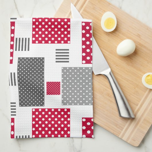 Grijsrode stip patchwork op witte achtergrond theedoek (Quarter Fold)