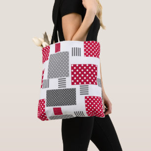 Grijsrode stip patchwork op witte achtergrond tote bag