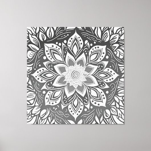 Grijswaartse Mandala Bloem in Zwart-wit Canvas Afdruk (Voorkant)