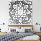 Grijswaartse Mandala Bloem in Zwart-wit Canvas Afdruk (Insitu (Slaapkamer))