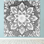 Grijswaartse Mandala Bloem in Zwart-wit Canvas Afdruk (Insitu (Houten vloer))