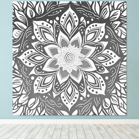 Grijswaartse Mandala Bloem in Zwart-wit Canvas Afdruk (Insitu (Houten vloer))