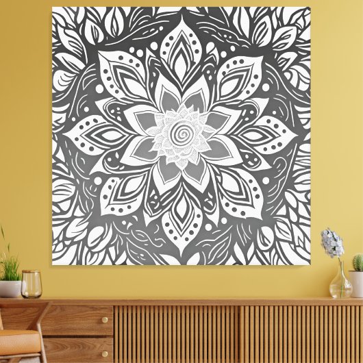 Grijswaartse Mandala Bloem in Zwart-wit Canvas Afdruk (Insitu (Woonkamer))