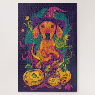 Grijszige Vizsla-hond Halloween-heks en pompoen Legpuzzel