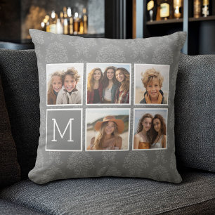 Grijze 5 foto collage met tekst monogram kussen