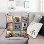 Grijze aangepaste fotocollage verjaardag kussen<br><div class="desc">Een uniek cadeau voor een 50ste (of elke leeftijd) verjaardag,  haar leven vieren met een collage van 8 van uw eigen foto's,  afbeeldingen. Personaliseer en voeg haar naam,  leeftijd en datum toe. Grijze achtergrondkleur. De naam is geschreven met een modern handschrift.</div>