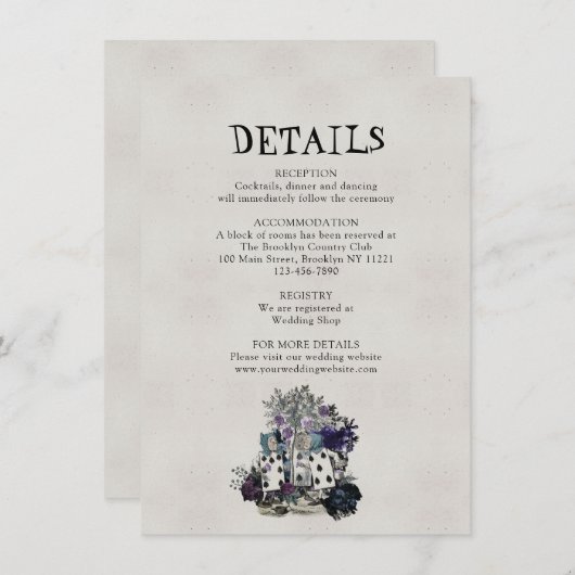 grijze Alice in Wonderland Wedding Details Informatiekaartje (Voorkant / Achterkant)