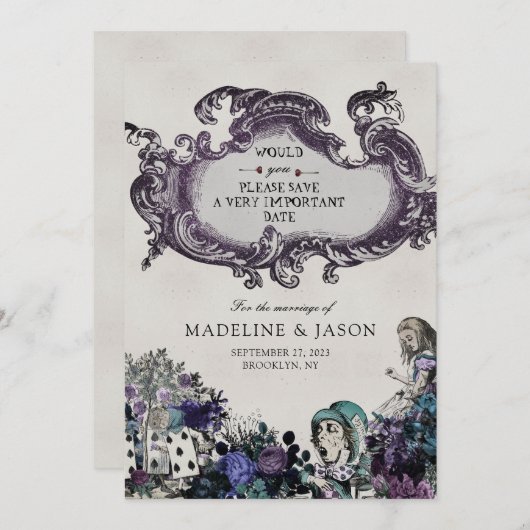 grijze Alice in Wonderland Wedding Save The Date (Voorkant / Achterkant)