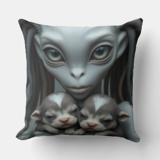 Grijze Alien Houdt Puppies Vast Kussen