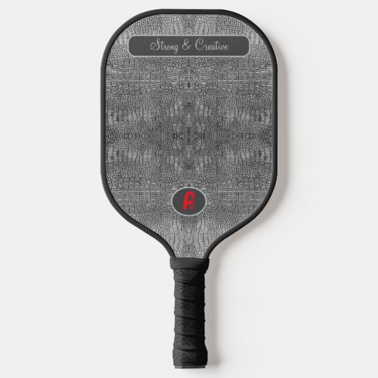 Grijze alligator lederen schalen aangepast monogra pickleball paddle (Voorkant)